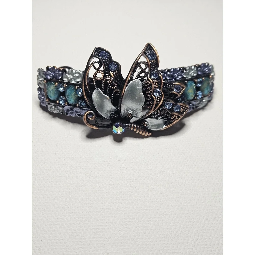 Blue Butterfly Hair Barrette Crystal Enamel Copper Floral Filigree Clip Women